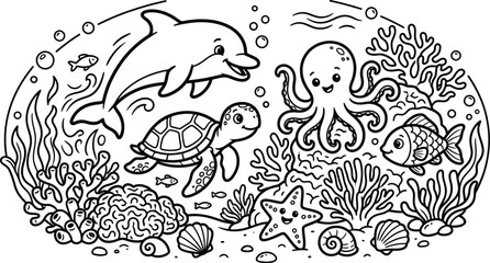 Kids drawing sea creatures underwater scene with dolphin turtle octopus © Nahid
