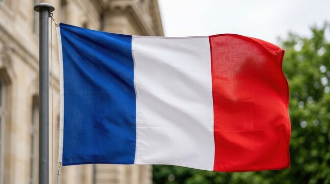 French national flag with blue, white, and red vertical stripes waving on a metal flagpole