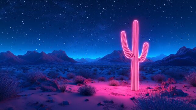 Glowing pink neon cactus in a desert landscape at night under a starry sky.