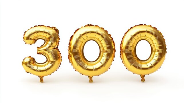 Gold number 300 balloons on white background.