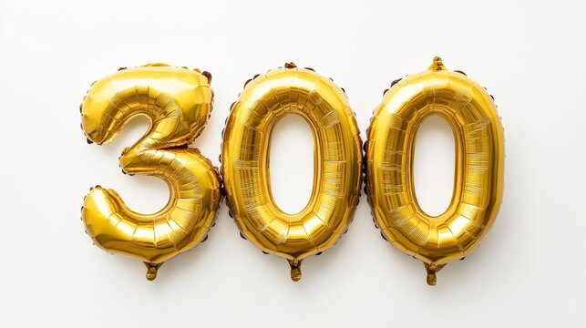 Gold number 300 balloon on white background.