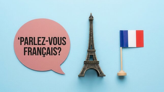 Eiffel tower model, french flag, and speech bubble with text parlez-vous francais on blue background