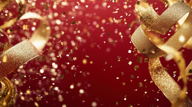 Gold ribbons and confetti falling on red background.