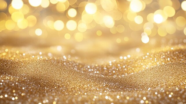Golden glitter texture with blurred bokeh lights, ideal for festive backgrounds.