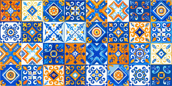 Blue and orange floral ornament pattern repeating tile design
