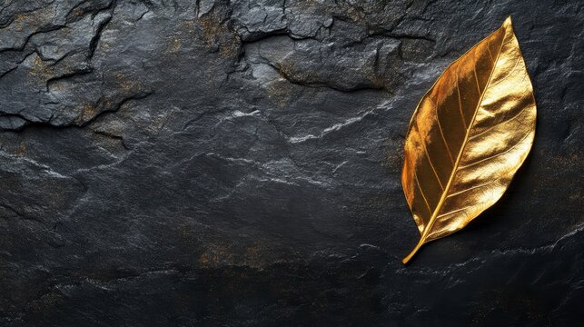Golden leaf on dark stone background.