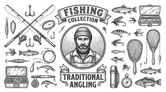 Vintage Fishing Collection: Angler Portrait, Rods, Reels, Lures, Tackle Box, Thermos