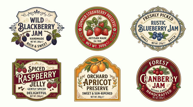 Vintage Jam Jar Labels: Blackberry, Strawberry, Blueberry, Raspberry, Apricot, Cranberry