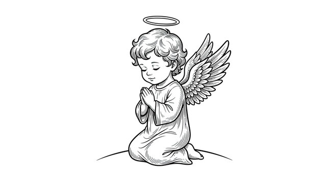 Angel child praying, illustration, wings, halo, innocence, faith, devotion, peaceful scene