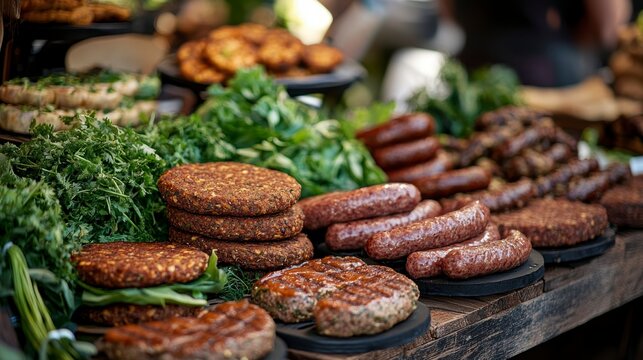 Grilled veggie burgers and sausages displayed on wooden table at outdoor market.