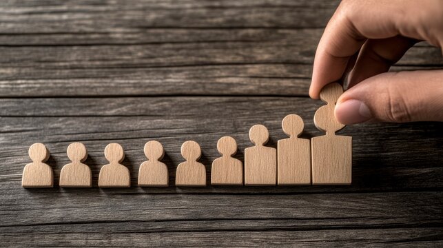 Hand placing wooden figure atop a row, symbolizing growth, leadership, and team development.