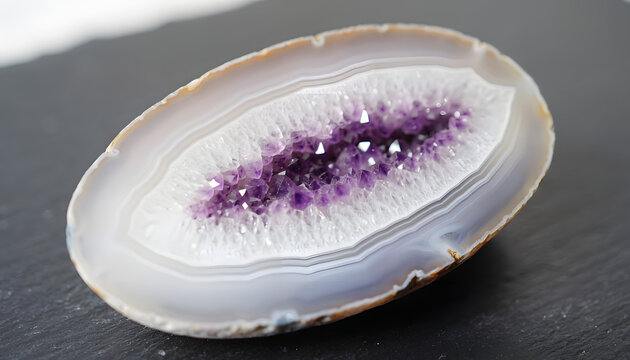 Close up cross section of a natural agate geode revealing a sparkling purple amethyst quartz core surrounded by white concentric mineral bands