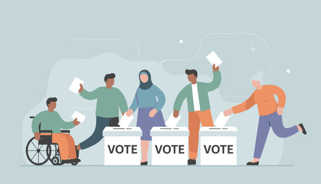 Diverse group of citizens proudly casting their ballots into vote boxes during a democratic election process.
