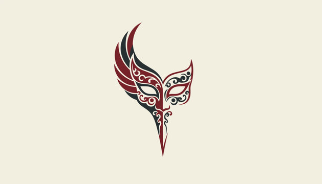 Stylish masquerade mask featuring elegant venetian design with ornate dark red and black patterns on cream background.