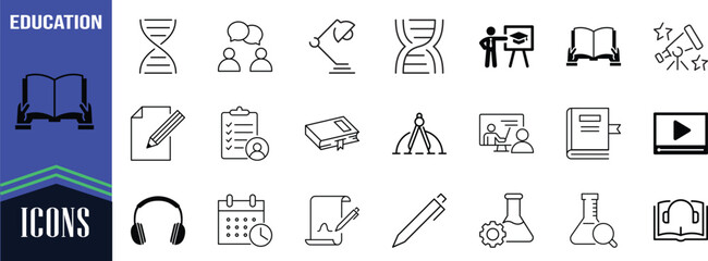 Education and learning outline vector icons. book icon set, pencil icon set, blackboard icon set © Liza