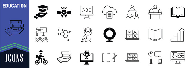 Education and learning vector icons. books icon set, graduation cap icon set, blackboard icon set © Liza