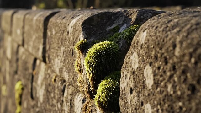 Green moss growing on a rustic textured stone wall outdoors in a garden setting with soft natural sunlight hitting the weathered rock surface edge