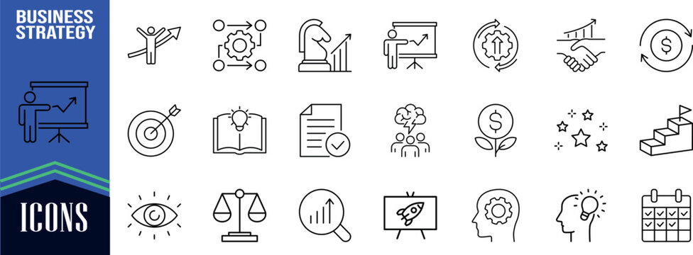 Business strategy planning growth icons. bar chart icon set, clipboard icon set, chess knight icon set