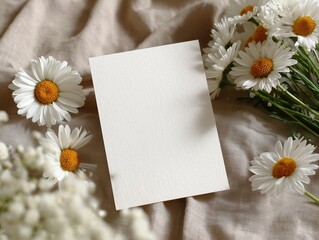 Obraz premium Blank wedding invitation card mockup with white daisies on beige linen fabric