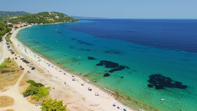 Aerial View of Remote Possidi Sand Beach, Chalkidiki, Greece