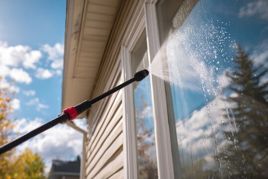Close-up of a high pressure water spray cleaning a residential house window