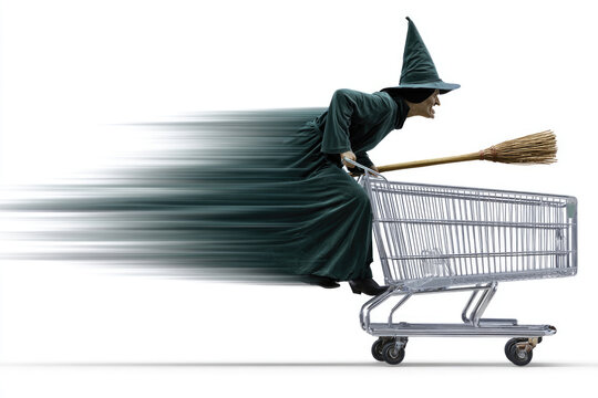Witch riding a broom while pushing a shopping cart. Space for text.