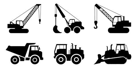 Construction machinery black silhouette icon collection featuring mobile crane, bulldozer and dump truck heavy equipment isolated on white background © MSTROUJATOUS