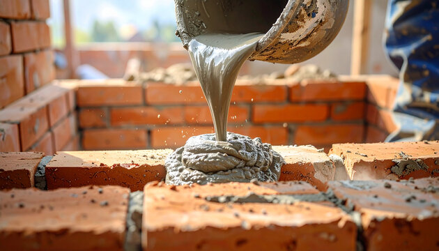 Cement pouring on bricks during construction work