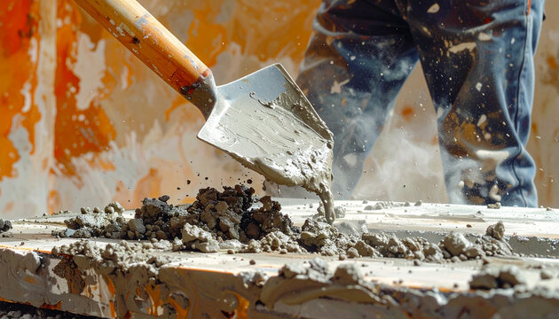 Worker with shovel mixing cement on construction site