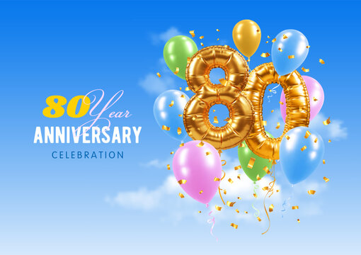 80th Anniversary. Eighty year birthday celebration. Number 80 in the form of 3D realistic golden balloons. Blue sky background. Greeting template for jubilee, gala event. Vector illustration