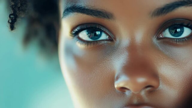 A detailed shot of an individual's eye and nose, focusing on the texture and color variations.