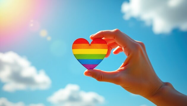 Hand holds rainbow heart against blue sky with clouds. Symbol of love and support for LGBTQ community. Sunny day, clear weather. Hope for future.