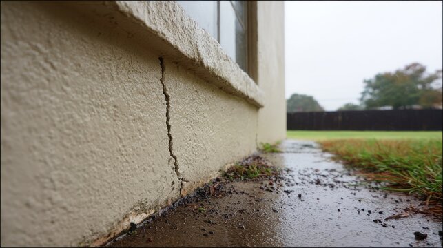 Vertical crack in a stucco house foundation wall during rainy weather, structural damage and home maintenance concept