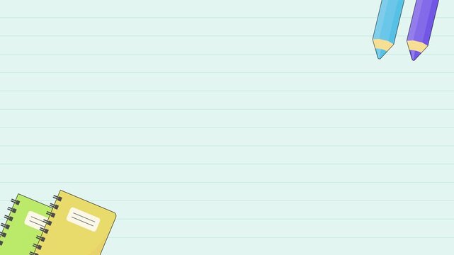 Seamless looping background animation of swinging pencils and books on corners with light blue lined notebook paper center text copy space. Flat style back to school concept