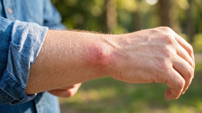 Detail of swollen insect bite on arm, showing red inflamed skin, irritation from bug. Prominent swollen insect bite on forearm, allergic reaction, common irritation.