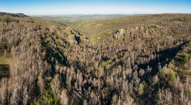 Southern Urals in spring: Irendyk ridge. Aerial view.