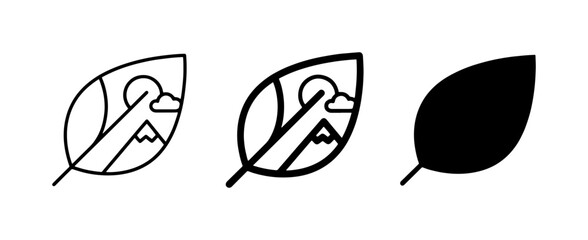 Fototapeta premium Nature Leaf Icons, Mountain Landscape Scene, Sun and Clouds, Simple Outline and Solid Fill Vector Graphics