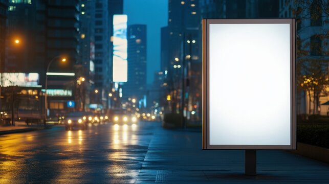 Blank Outdoor Advertising Lightbox Poster Mockup in Urban Night Scene