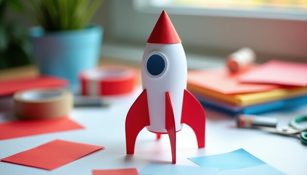 Paper rocket model sits on table with crafting supplies. Kids project, STEM education, creative hobby, space exploration fun. Make fun and learn.