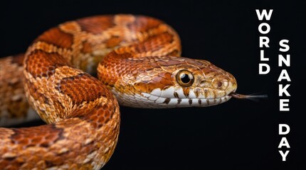 Obraz premium World Snake Day macro banner with side profile close up of orange corn snake head over black background
