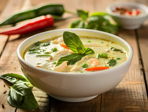 Commercial food photography of delicious Thai curry garnished with basil leaves and red chilies