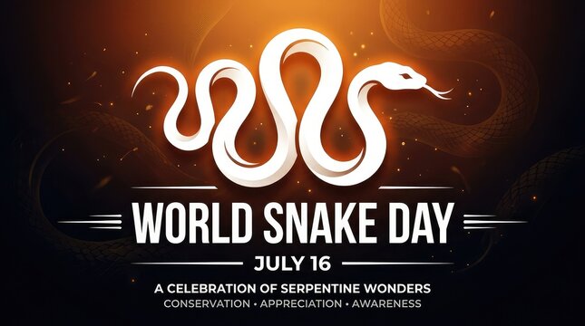 World Snake Day abstract illustration with glowing white line art snake crawling through bold typography on orange background