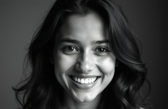 Young Indian woman with dark hair smiles brightly, showing dimples and white teeth. Her eyes sparkle with joy and her face expresses genuine happiness. This close-up portrait exudes positivity.