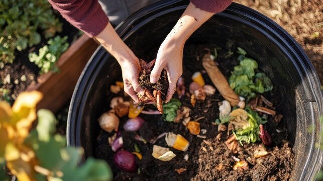 Person Composting Food Waste in Backyard Compost Bin