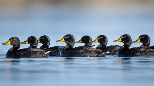 scoter. A small flock of black scoter ducks floating on a calm, cold sea in natural daylight. wildlife magazines, conservation campaigns, designed for eco-tourism storytelling.