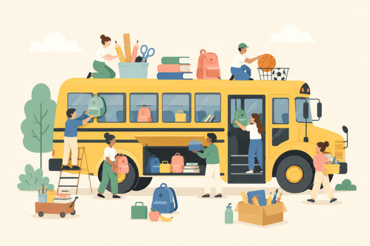 Children loading backpacks and school supplies onto a big yellow school bus illustration