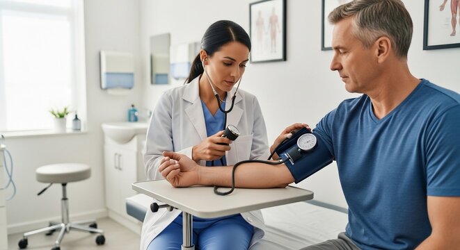 Doctor taking blood pressure of male patient in medical office