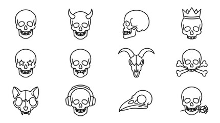 Obraz premium Skull vector icon 12 set , clean minimal outline, white background.