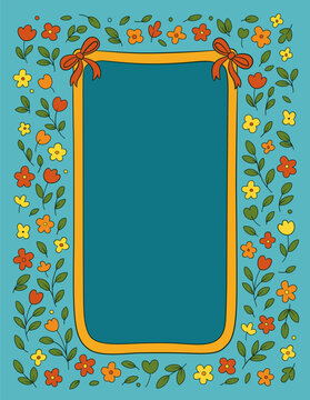 Floral Frame Border with Wildflowers and Leaves &ndash; Decorative Background Template with Copy Space