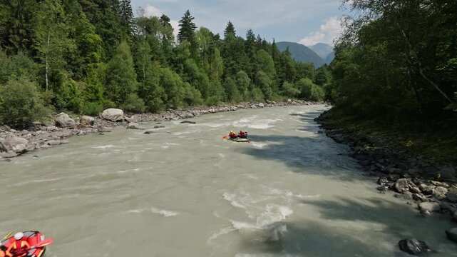 Inflatable raft navigating powerful river rapids in Otztal Austria showcasing adrenaline sport beautiful alpine nature and active holidays
